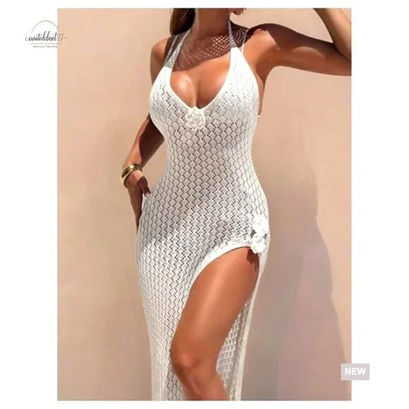 Women's 3D Floral Crochet Cover Up Halter Beach Dress Backless Swimwear - Picture 3 of 4